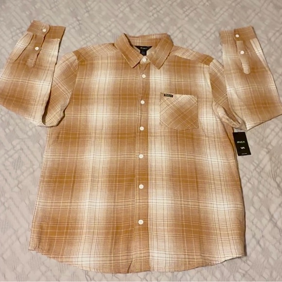 RVCA long sleeve flannel, small, cream/ tan with white buttons, NWT - Picture 1 of 9